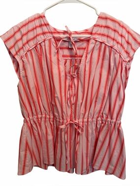 NWT Derek Lam 10 Crosby Pink and Coral Striped Cap Sleeve Blouse. Size Large